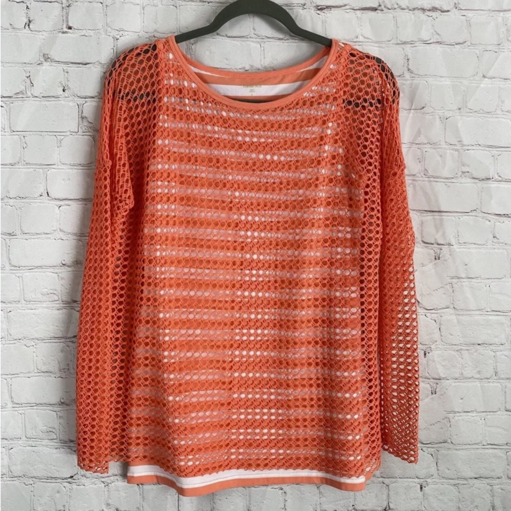 Garnet Hill Overlaying Mesh Coral Orange and White Shirt